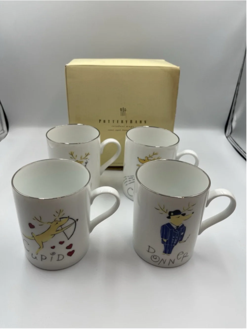 NIB Pottery Barn Reindeer Mugs, Comet, Cupid, Donner, & Blitzen Set of 4 JAPAN